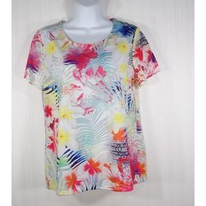 Chico's Size 0 Small‎ T-shirt Lightweight Vibrant Tropical Floral Short Sleeves